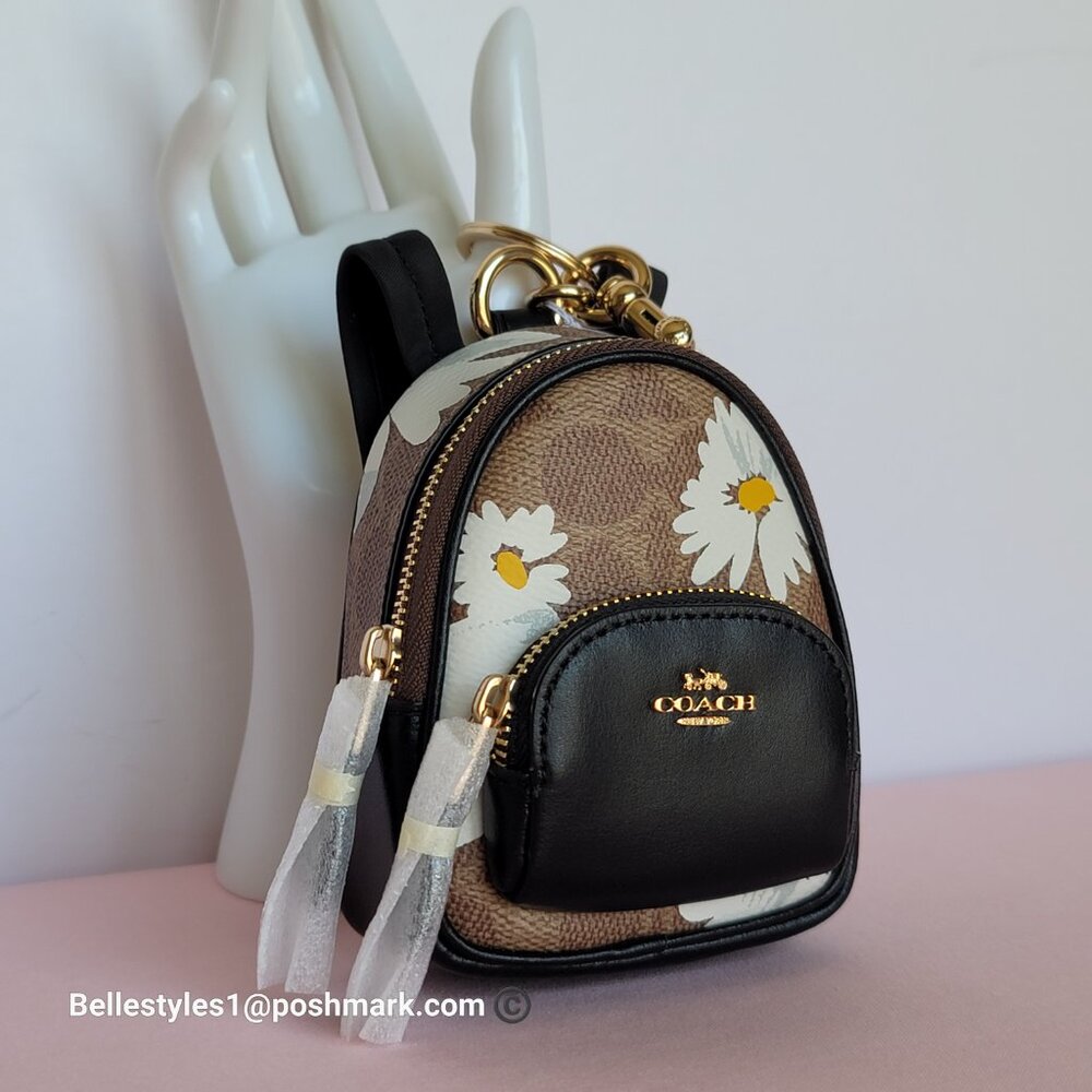 COACH Mini Court Backpack Bag Charm In Signature Canvas With Floral Print-Tan🎈⭐ - Picture 4 of 16